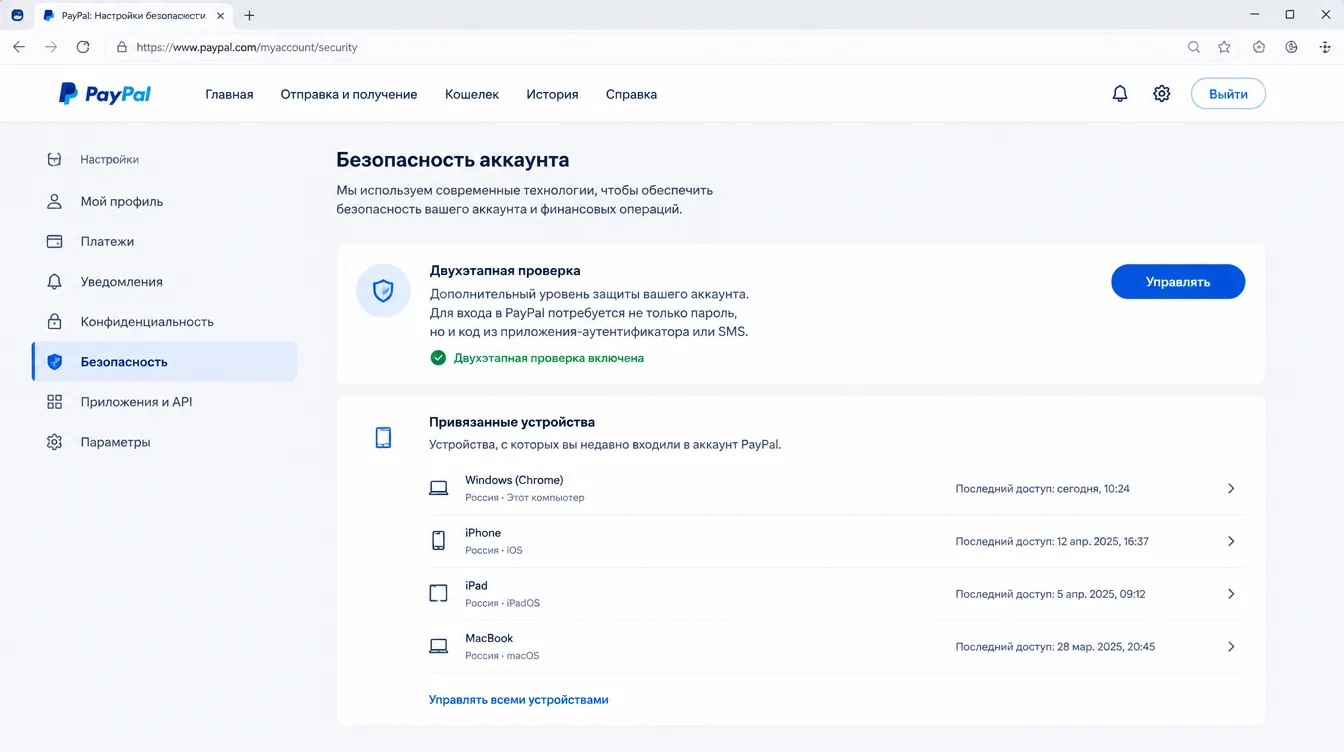 Скриншот: настройки безопасности аккаунта с включённой двухэтапной проверкой и списком привязанных устройств