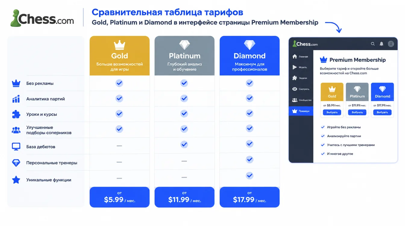 Сравнительная таблица тарифов Chess.com Gold, Platinum и Diamond в интерфейсе страницы Premium Membership