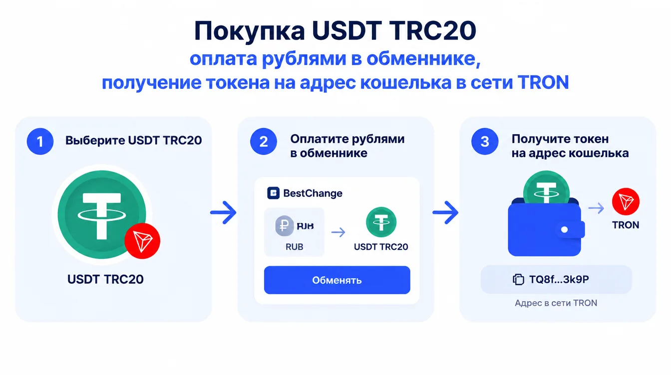 Схема: покупка USDT TRC20 — оплата рублями в обменнике, получение токена на адрес кошелька в сети TRON