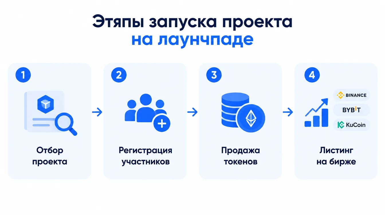 Схема: этапы запуска проекта на лаунчпаде — отбор проекта, регистрация участников, продажа токенов, листинг на бирже