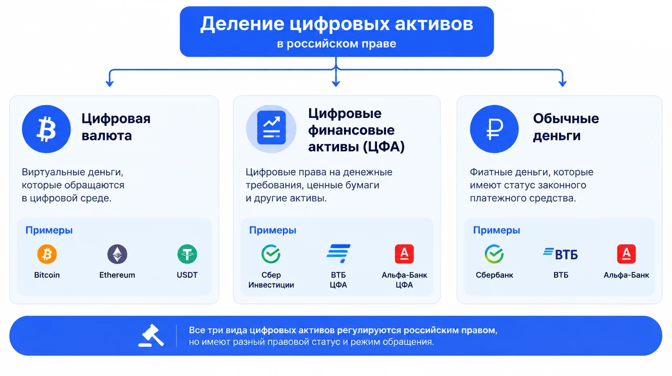 Схема: деление цифровых активов в российском праве — цифровая валюта, цифровые финансовые активы (ЦФА) и обычные деньги