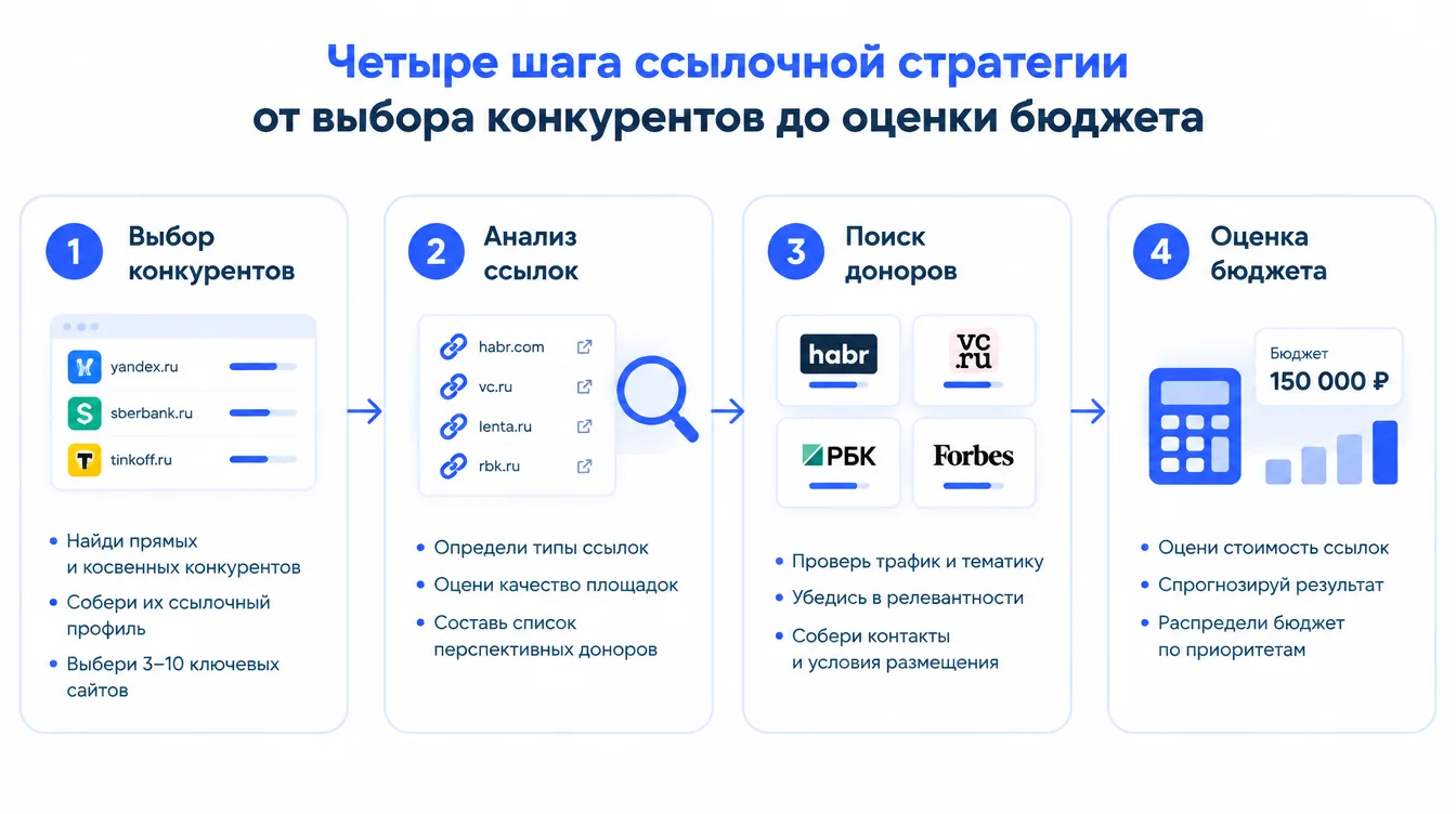 Схема: четыре шага ссылочной стратегии от выбора конкурентов до оценки бюджета