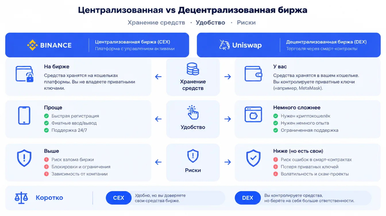Схема: сравнение централизованной и децентрализованной биржи по хранению средств, удобству и рискам