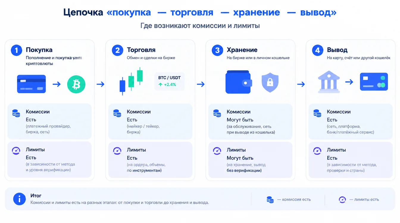 Схема: цепочка «покупка — торговля — хранение — вывод» с отметками, на каких этапах возникают комиссии и лимиты
