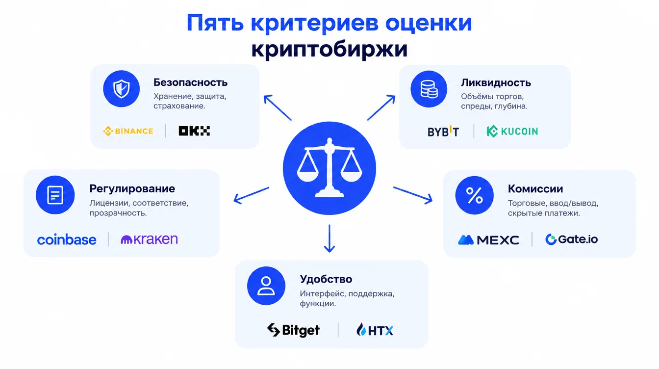 Схема: пять критериев оценки криптобиржи вокруг центрального значка весов
