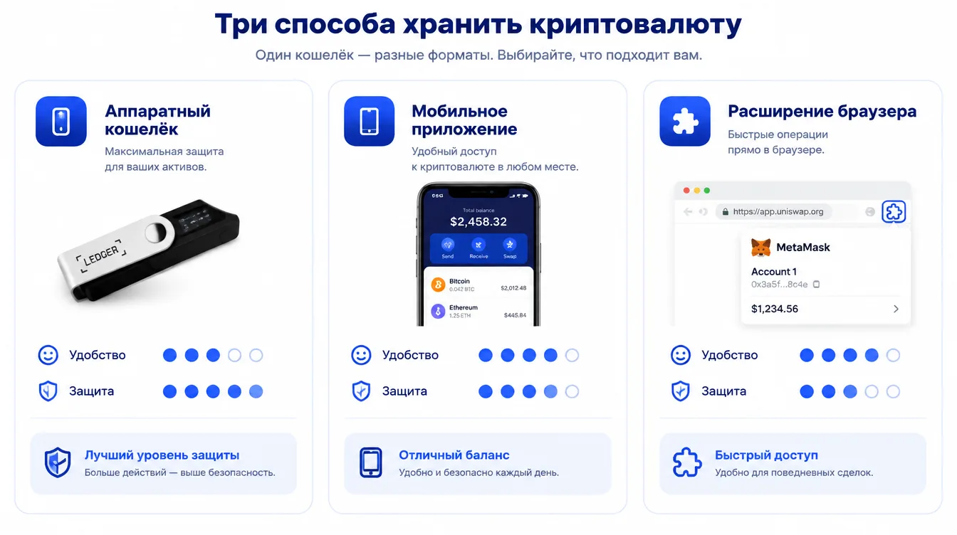 Сравнительная схема: аппаратный кошелёк, мобильное приложение и расширение браузера с указанием уровня удобства и защиты