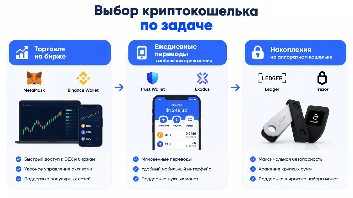 Схема: выбор криптокошелька по задаче — торговля на бирже, ежедневные переводы в мобильном приложении, накопления на аппаратном кошельке