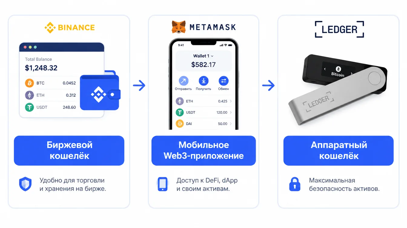 Сравнительная иллюстрация: биржевой кошелёк, мобильное Web3-приложение и аппаратный кошелёк в виде трёх карточек с подписями