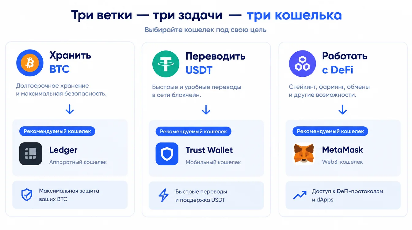 Схема выбора: три ветки «хранить BTC», «переводить USDT», «работать с DeFi» с рекомендуемым типом кошелька под каждую
