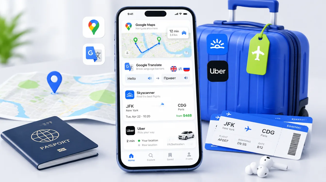 Подборка иконок: смартфон с экраном карты, переводчика, авиабилетов и такси на фоне чемодана
