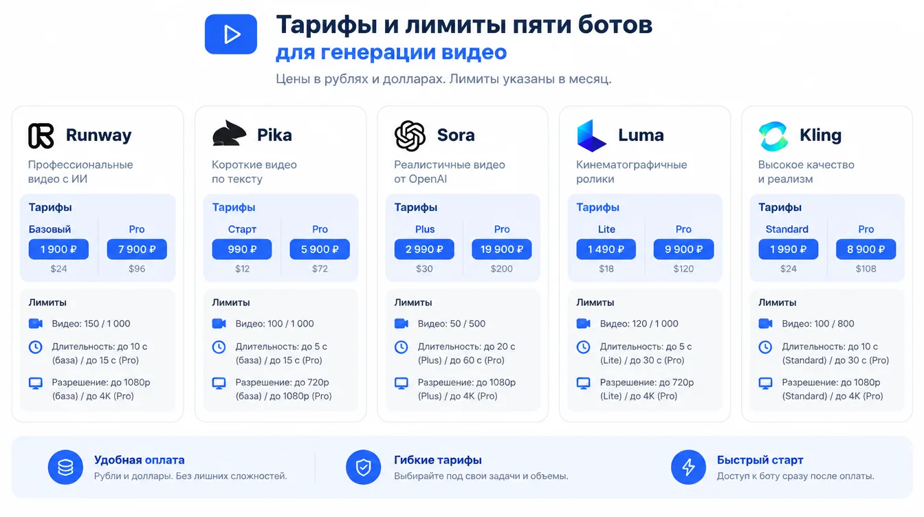 Таблица-сравнение: тарифы и лимиты пяти ботов для генерации видео в рублях и долларах