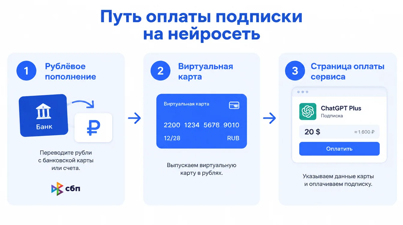 Схема: путь оплаты подписки на нейросеть — рублёвое пополнение, виртуальная карта, страница оплаты сервиса