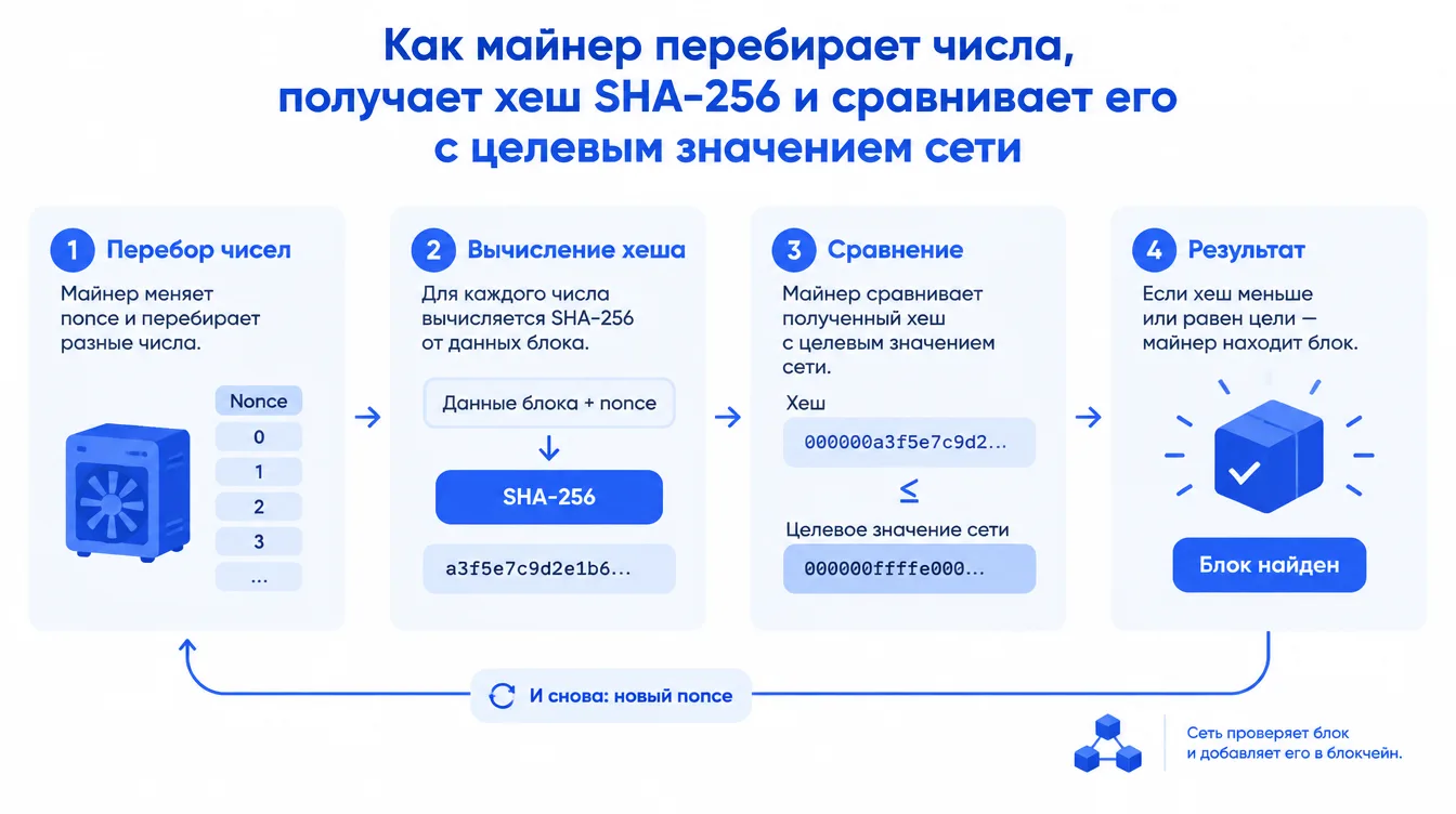 Схема: как майнер перебирает числа, получает хеш SHA-256 и сравнивает его с целевым значением сети