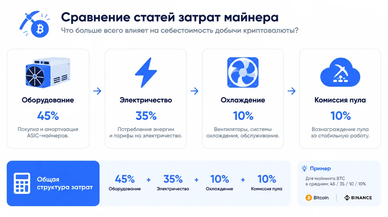 Схема: сравнение статей затрат майнера — оборудование, электричество, охлаждение, комиссия пула