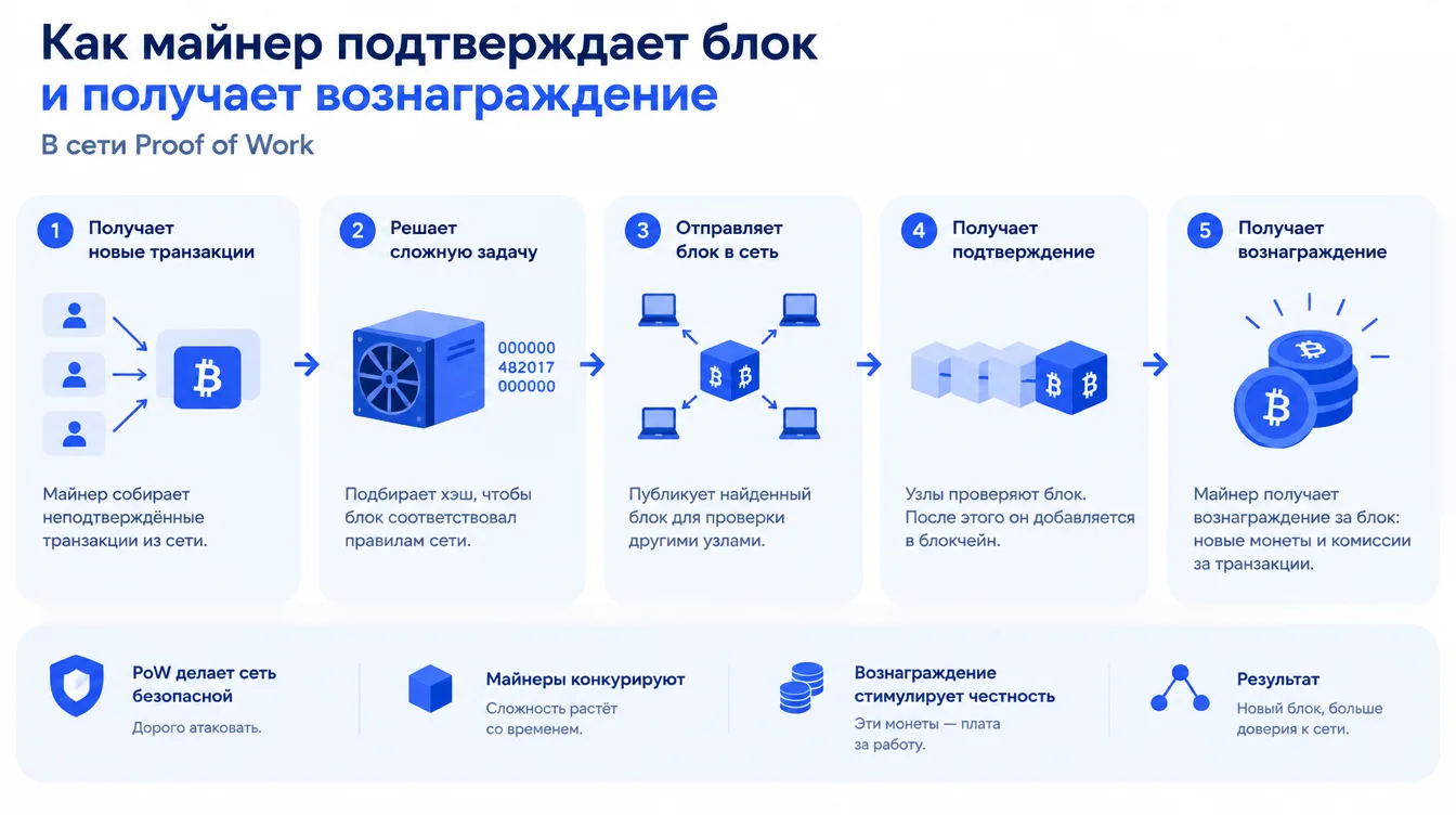 Схема: как майнер подтверждает блок и получает вознаграждение в сети Proof of Work