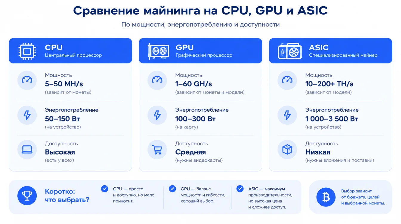 Схема: сравнение майнинга на CPU, GPU и ASIC по мощности, энергопотреблению и доступности