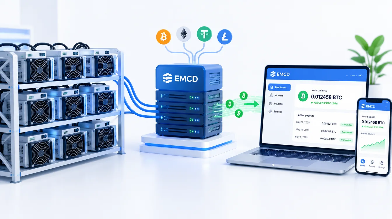 Иллюстрация: ферма из ASIC-майнеров подключена к серверу пула, от которого идут начисления на личный кабинет