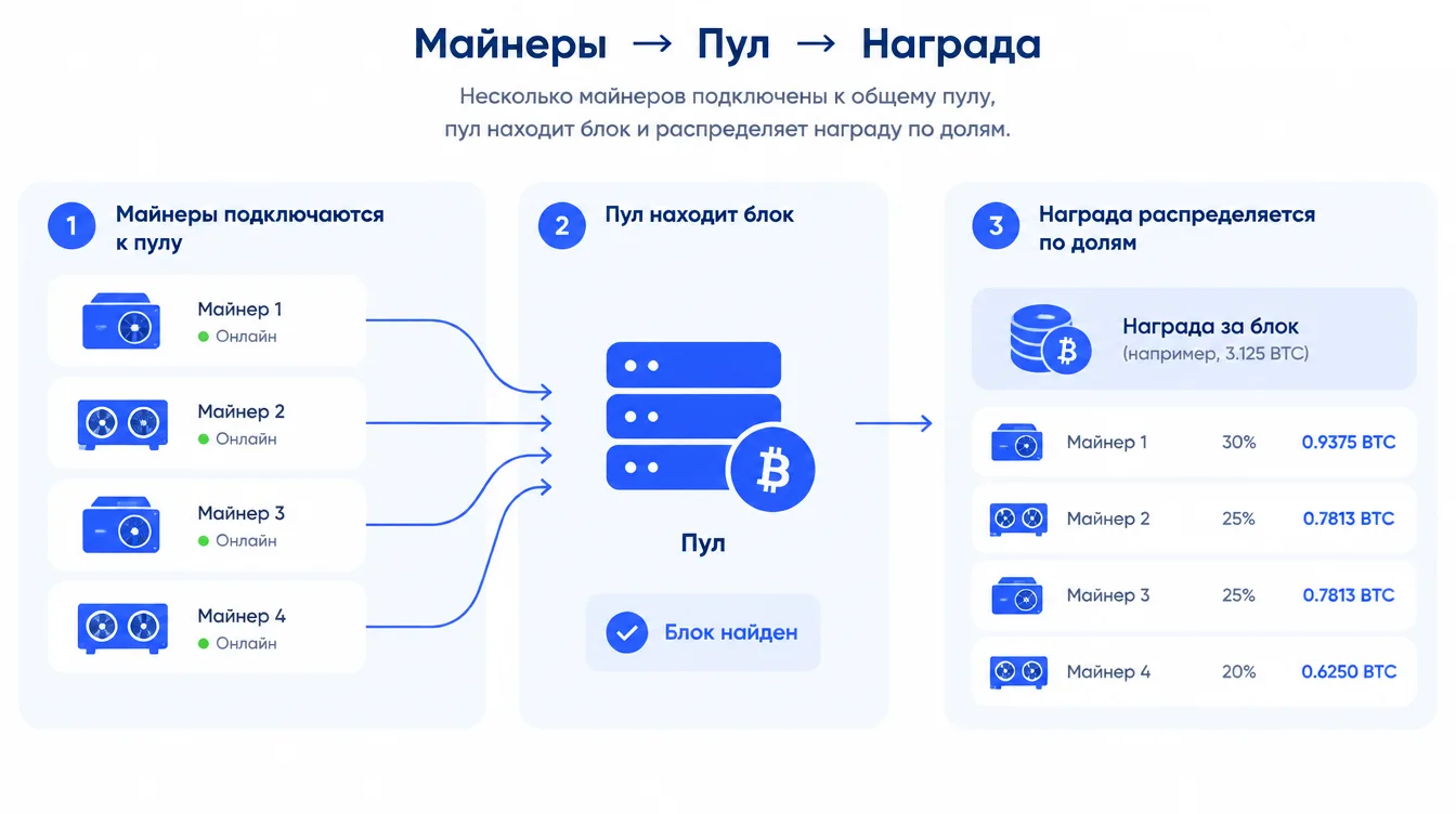 Схема: несколько майнеров подключены к общему пулу, пул находит блок и распределяет награду по долям