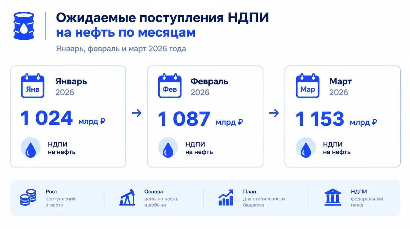 График: ожидаемые поступления НДПИ на нефть по месяцам, январь, февраль и март 2026 года