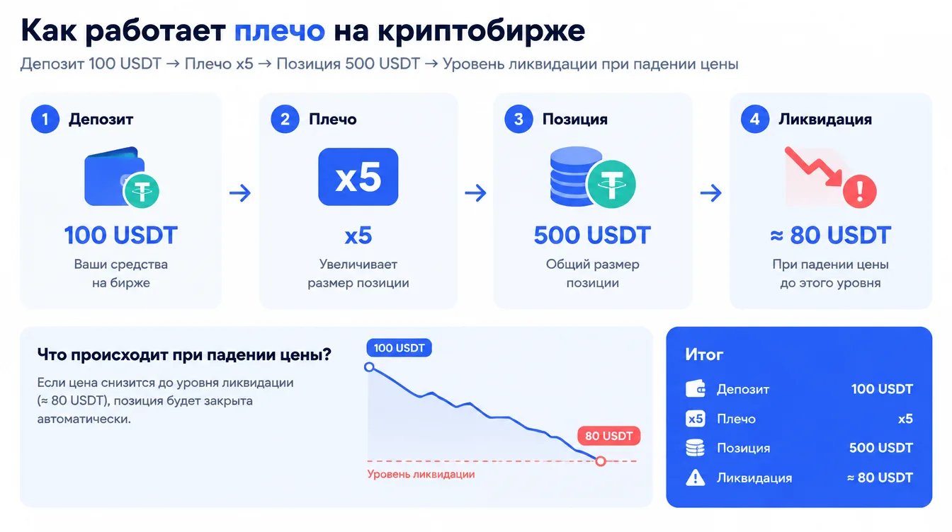 Схема: депозит 100 USDT, плечо x5, позиция 500 USDT и уровень ликвидации при падении цены