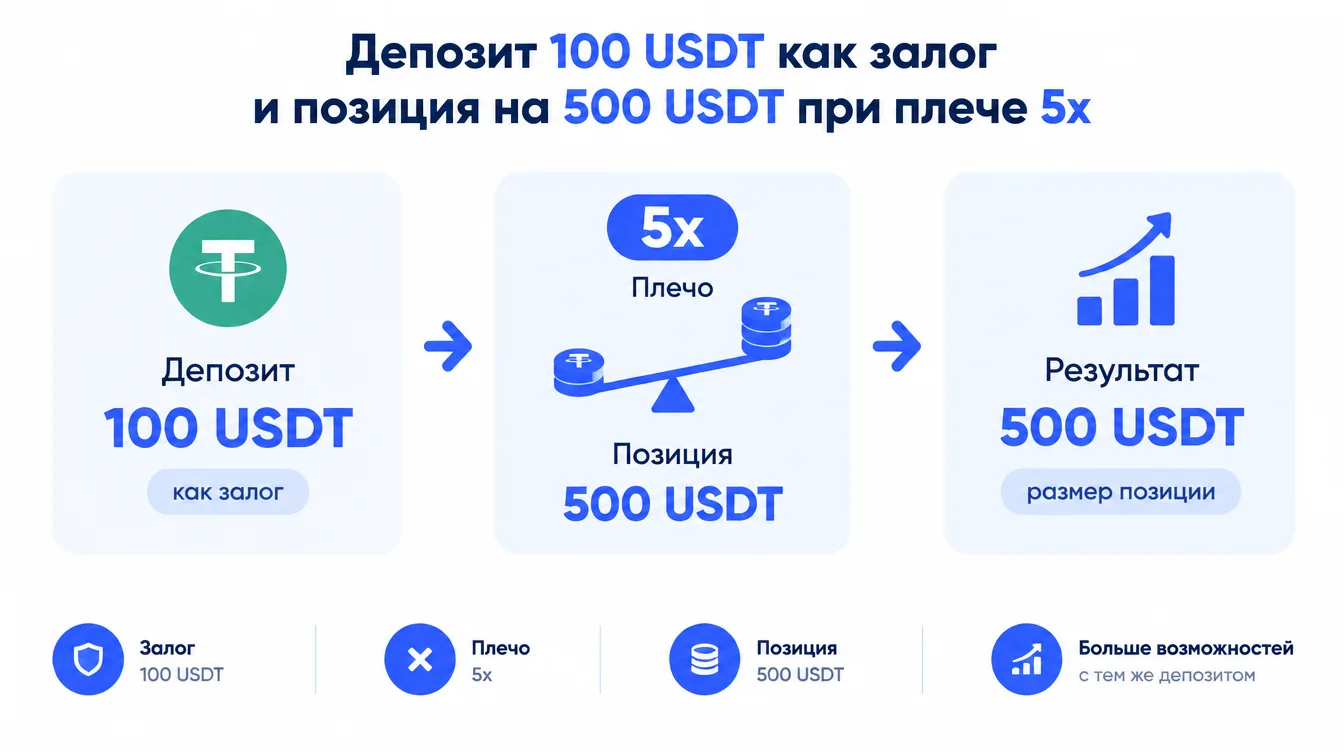 Схема: депозит 100 USDT как залог и позиция на 500 USDT при плече 5x