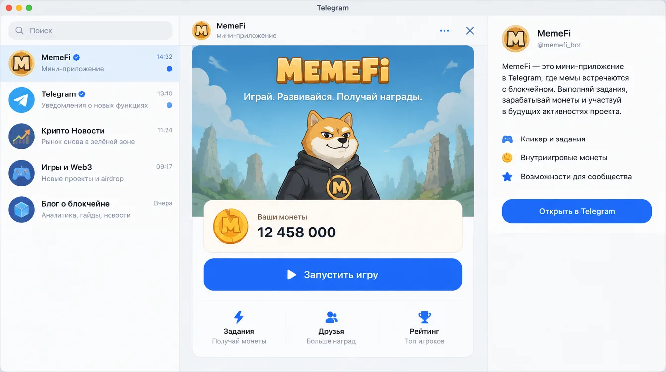 Скриншот: экран мини-приложения MemeFi в Telegram с кнопкой запуска и счётчиком внутриигровых монет