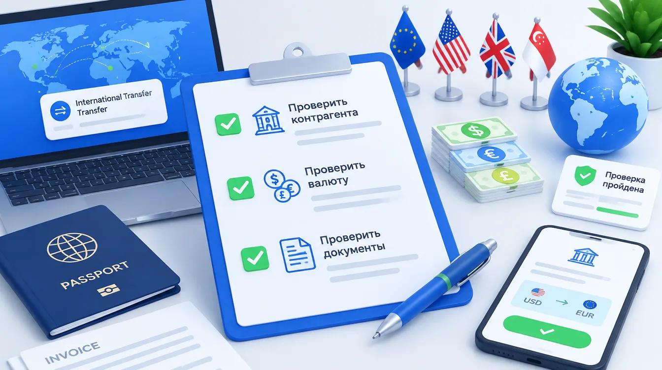 Иллюстрация: чек-лист перед международным переводом с отметками, как проверить контрагента, валюту и документы