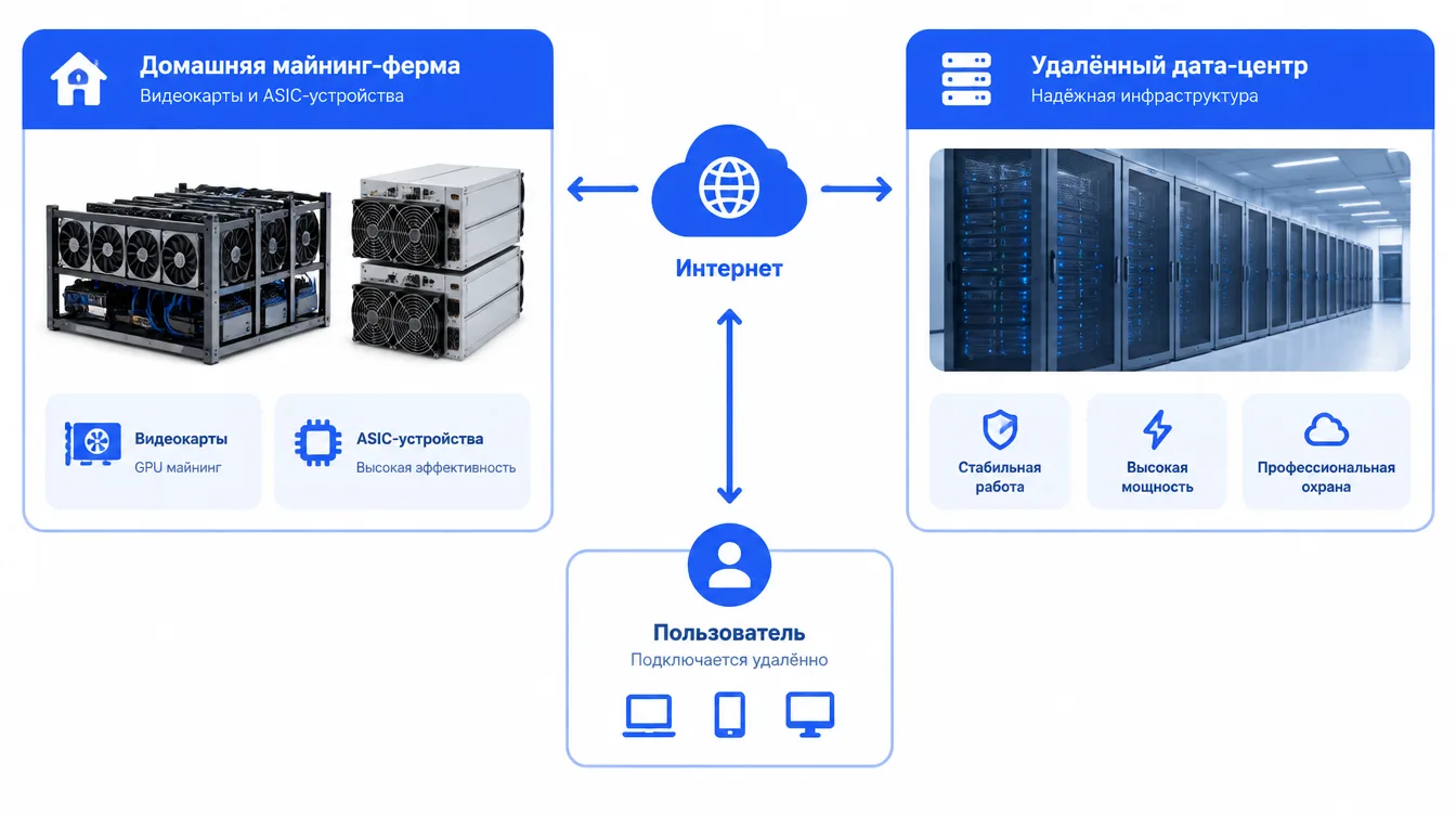 Схема: слева домашняя майнинг-ферма с видеокартами и ASIC-устройствами, справа удалённый дата-центр, к которому подключается пользователь