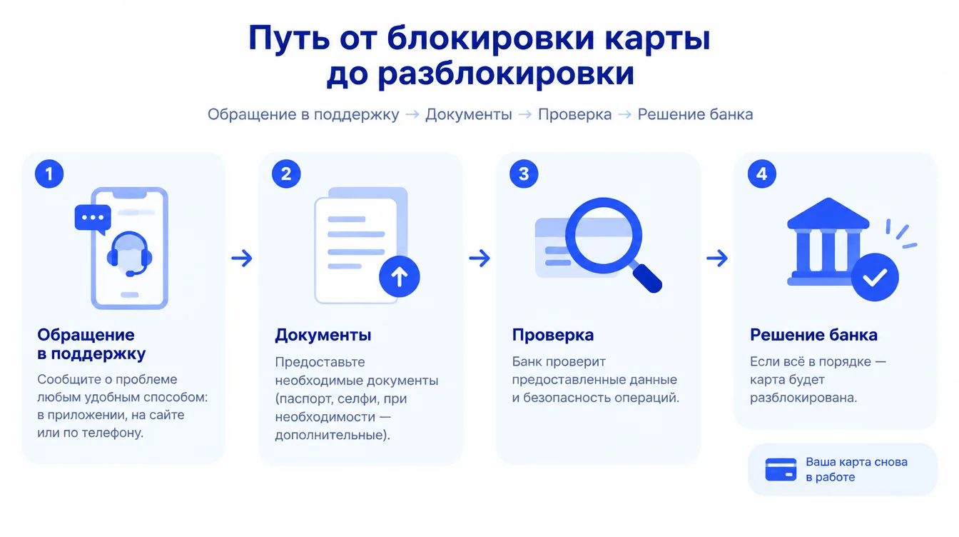 Схема: путь от блокировки карты до разблокировки — обращение в поддержку, документы, проверка, решение банка