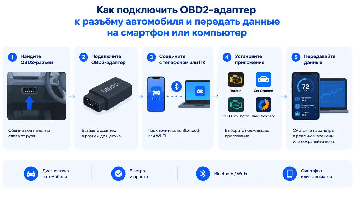Схема: порядок подключения OBD2-адаптера к разъёму автомобиля и передачи данных на смартфон или компьютер