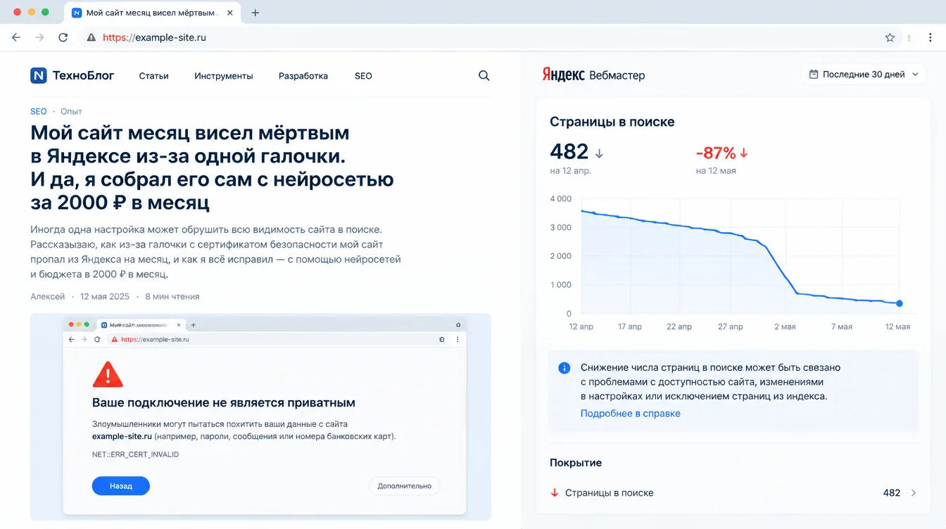 Скриншот: окно браузера с предупреждением об ошибке сертификата безопасности на сайте и рядом график падения числа страниц в поиске