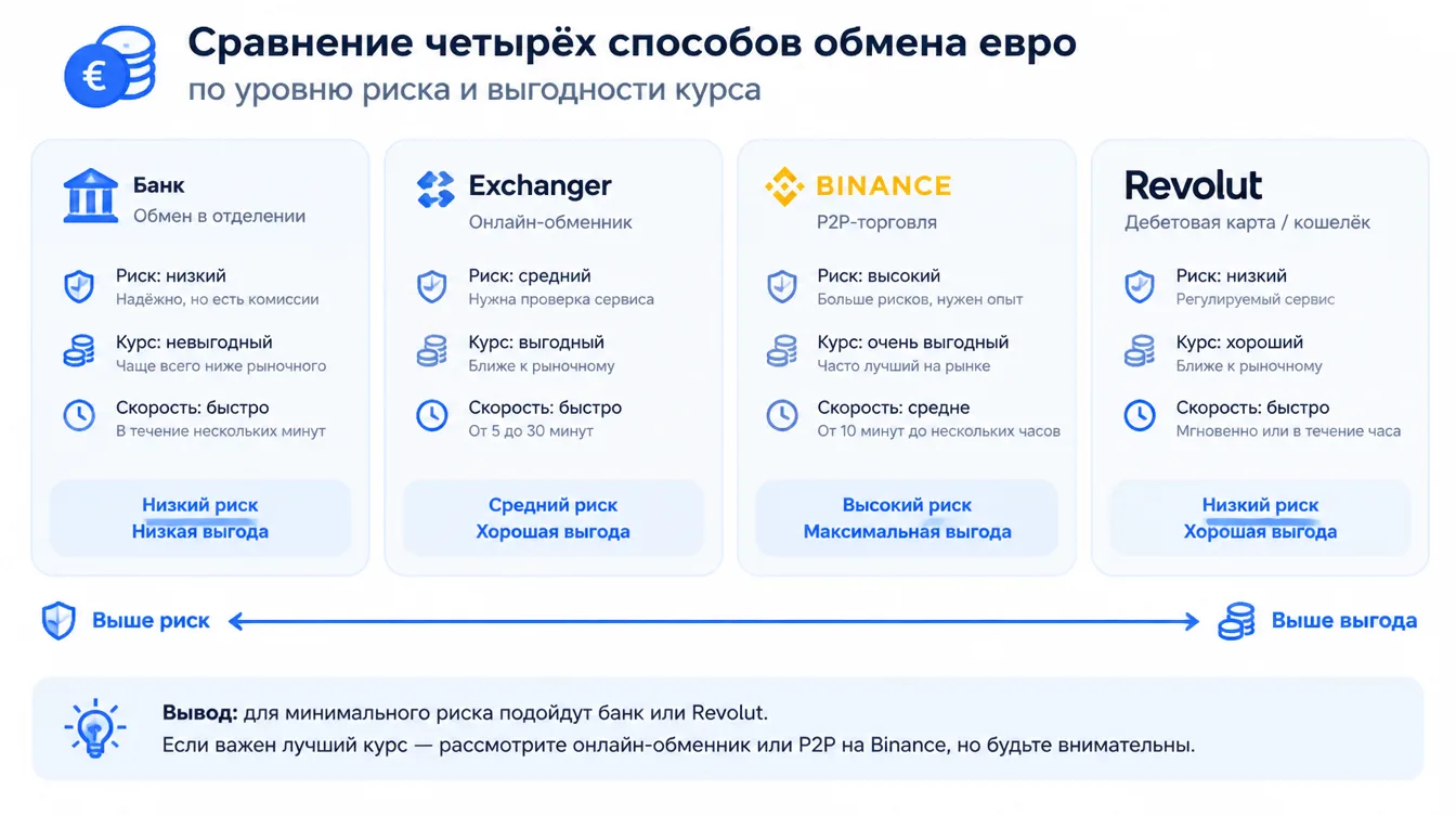 Схема: сравнение четырёх способов обмена евро по уровню риска и выгодности курса