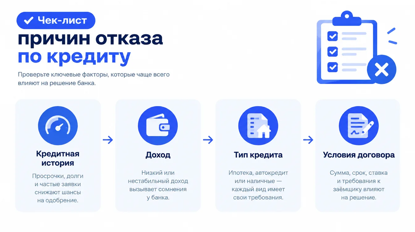 Схема: чек-лист причин отказа — кредитная история, доход, тип кредита и условия договора