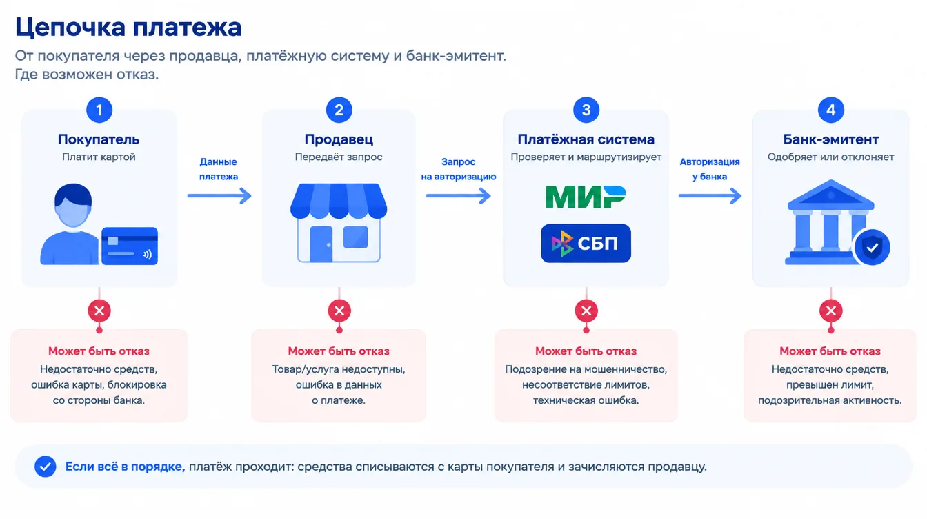 Схема: цепочка платежа от покупателя через продавца, платёжную систему и банк-эмитент с отметками, где возможен отказ