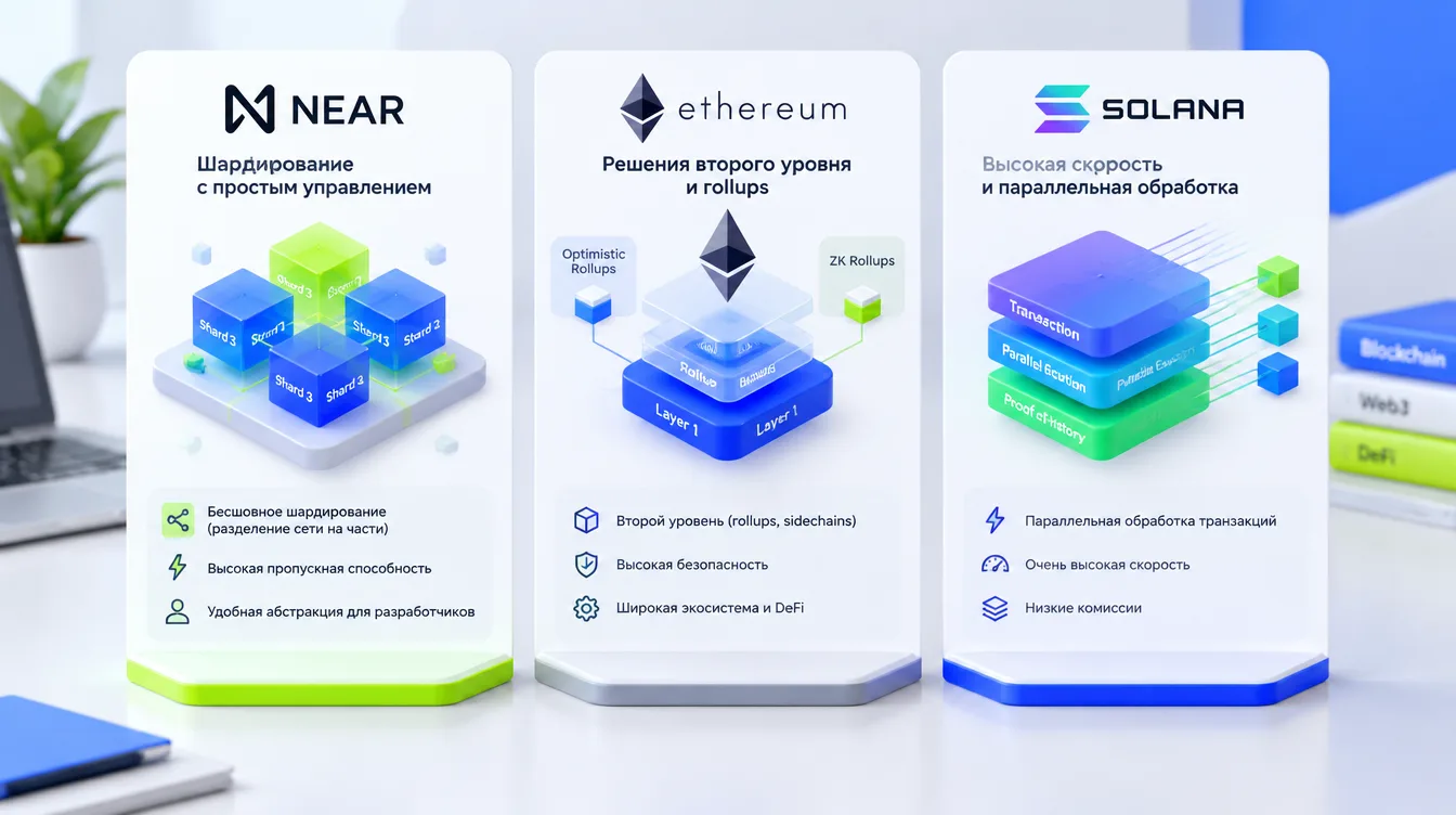 Иллюстрация: сравнение трёх блокчейнов — NEAR, Ethereum и Solana — по подходу к масштабированию
