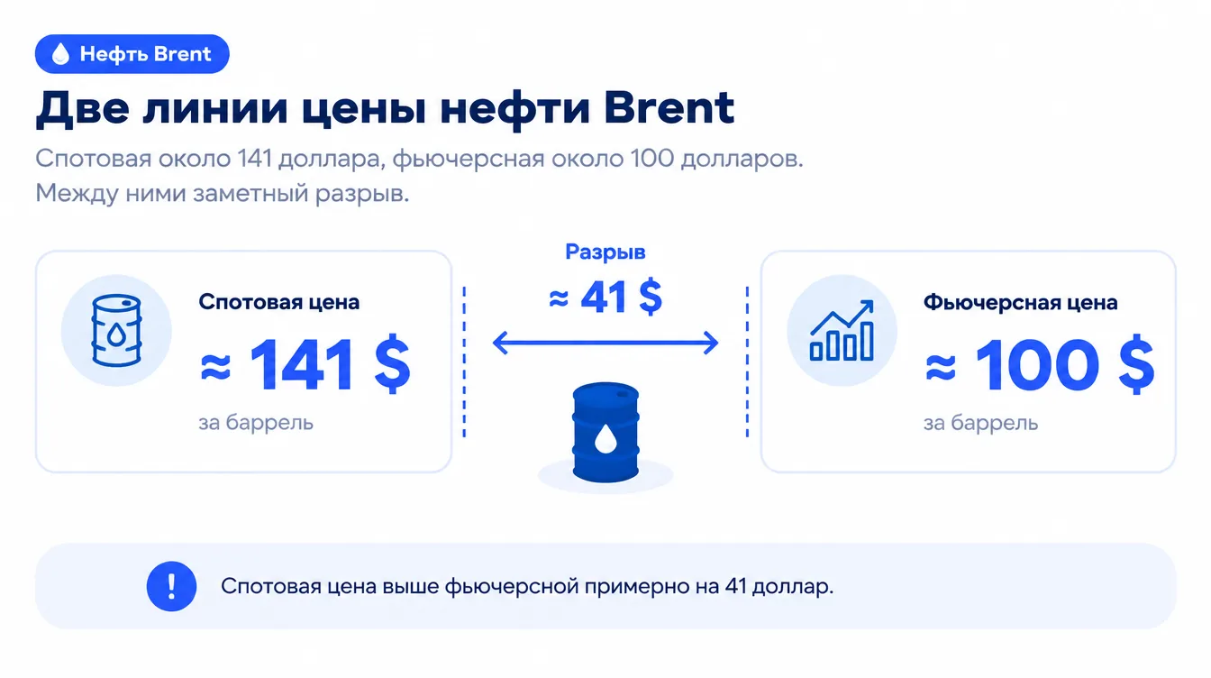 График: две линии цены нефти Brent — спотовая около 141 доллара и фьючерсная около 100 долларов, между ними заметный разрыв