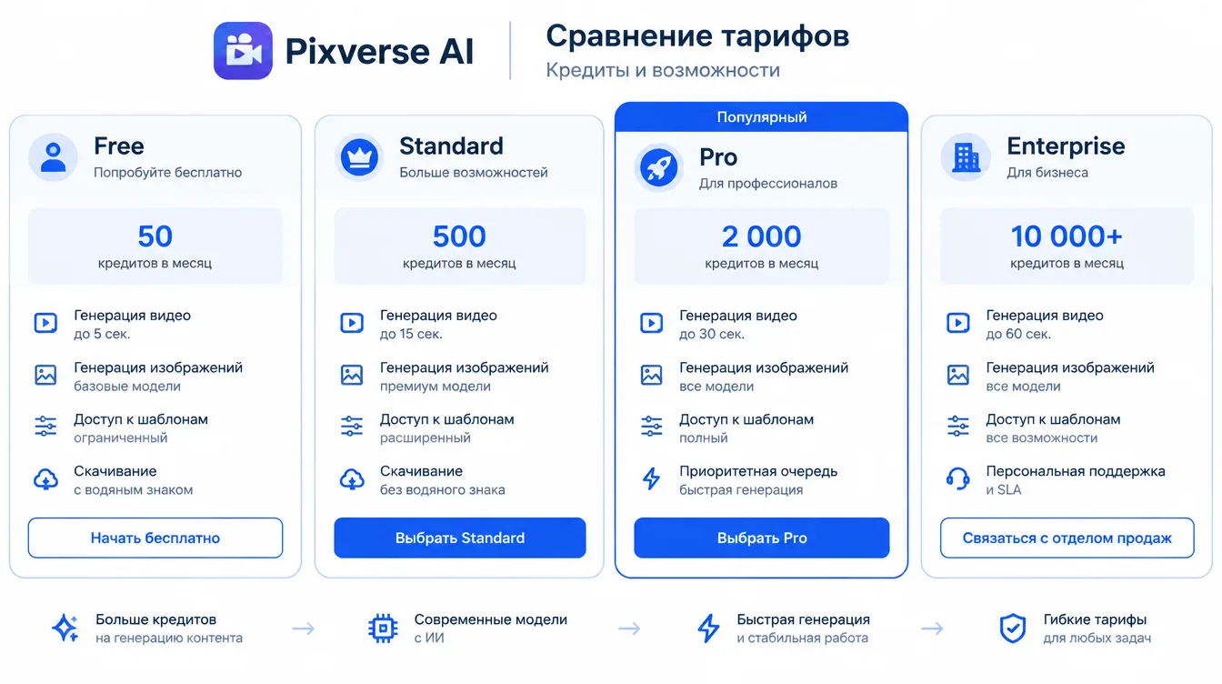 Схема: сравнение тарифов Pixverse AI — Free, Standard, Pro и Enterprise — по кредитам и возможностям