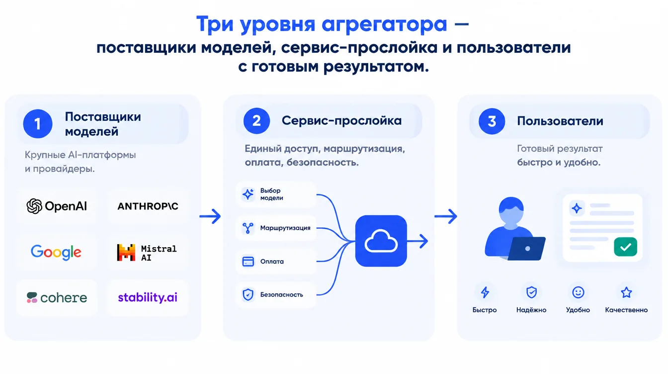 Схема: три уровня агрегатора — поставщики моделей, сервис-прослойка и пользователи с готовым результатом