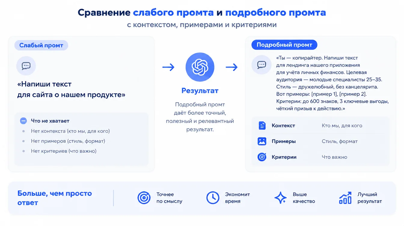 Схема: сравнение слабого промта и подробного промта с контекстом, примерами и критериями