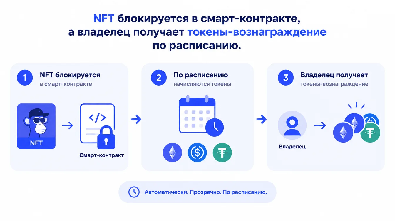 Схема: NFT блокируется в смарт-контракте, а владелец получает токены-вознаграждение по расписанию