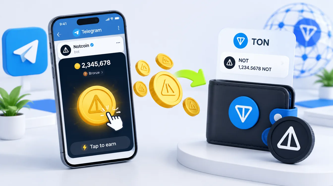 Иллюстрация: игра Notcoin в Telegram и перенос накопленных очков в токен NOT в сети TON