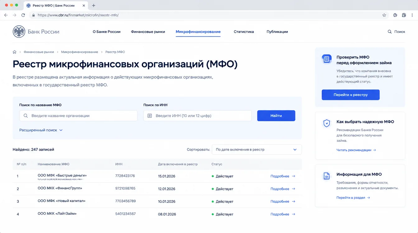 Скриншот: страница реестра МФО на сайте Банка России с полем поиска по названию и ИНН