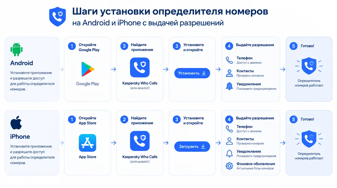 Схема: шаги установки определителя номеров на Android и iPhone с выдачей разрешений