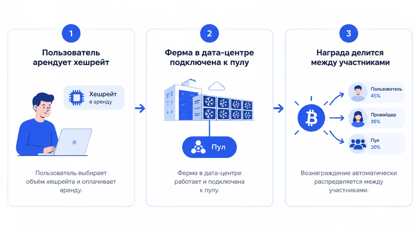 Схема: пользователь арендует хешрейт у провайдера, ферма в дата-центре подключена к пулу, награда делится между участниками