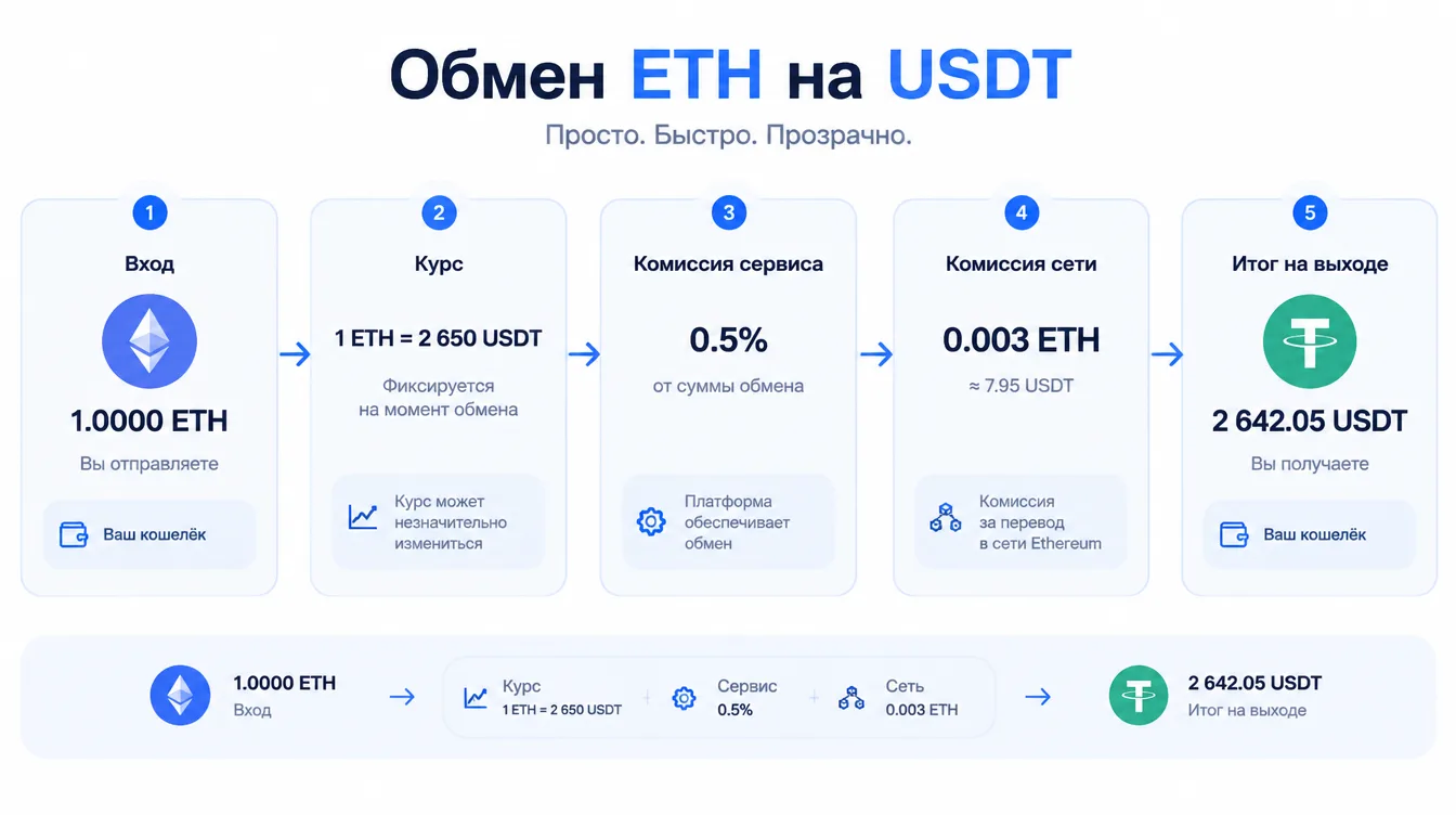 Схема: обмен ETH на USDT — вход, курс, комиссия сервиса и сети, итоговая сумма на выходе