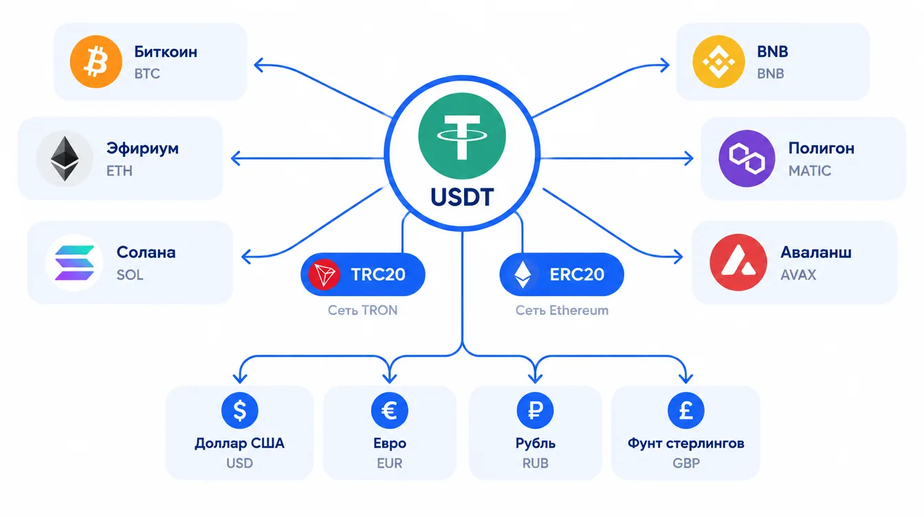 Схема: USDT в центре, от него стрелки к другим криптовалютам и к фиатным деньгам, рядом подписи сетей TRC20 и ERC20