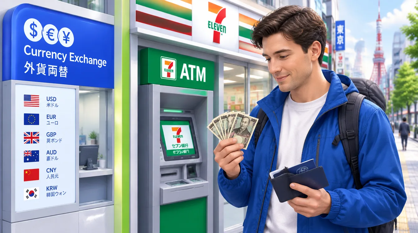 Фото уличной сцены в Токио: вывеска обменного пункта и банкомат 7-Eleven с иенами в руках туриста