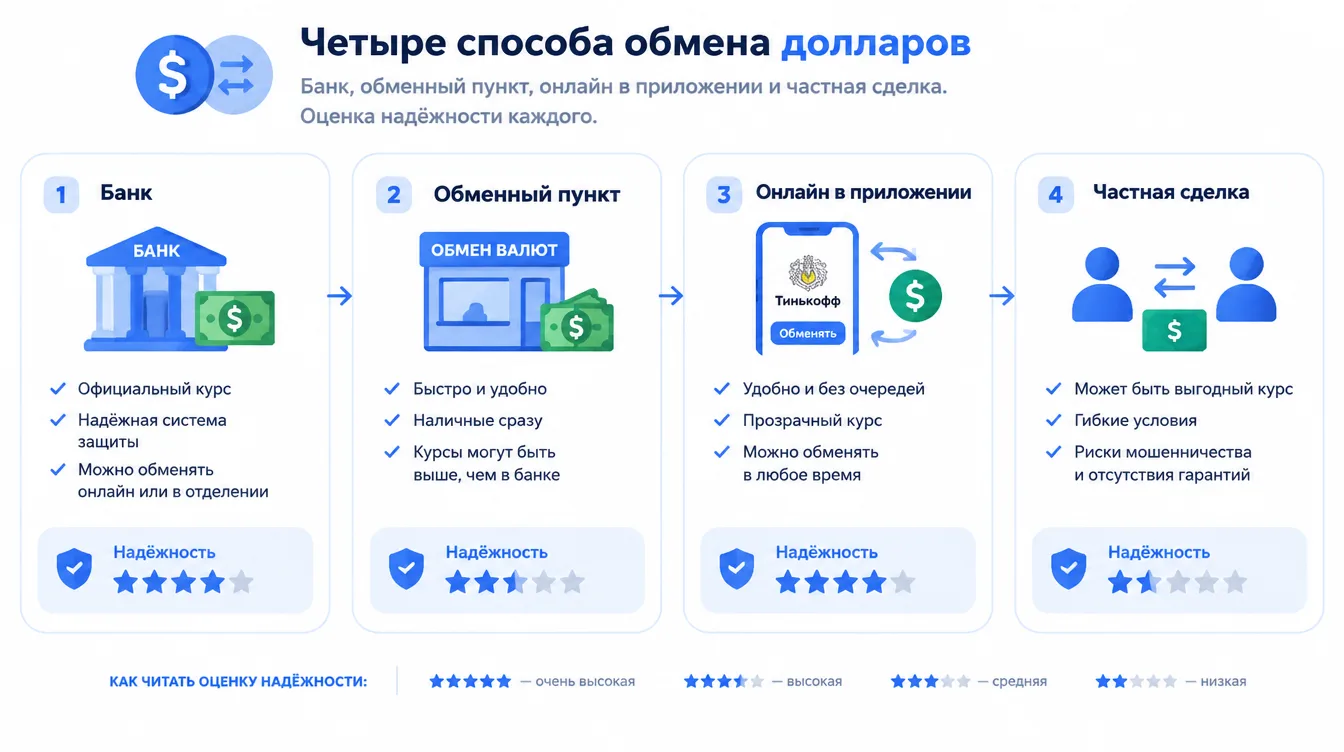 Схема: четыре способа обмена долларов — банк, обменный пункт, онлайн в приложении и частная сделка, с оценкой надёжности каждого