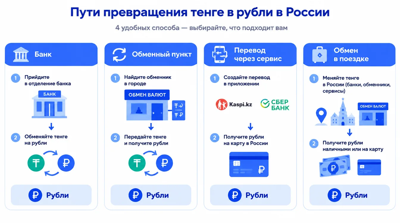 Схема: пути превращения тенге в рубли в России — банк, обменный пункт, перевод через сервис и обмен в поездке