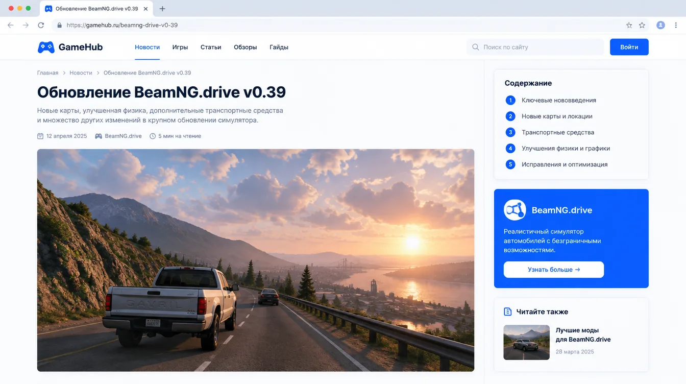 Скриншот: дорожная сцена BeamNG.drive с объёмными облаками и мягким рассветным освещением